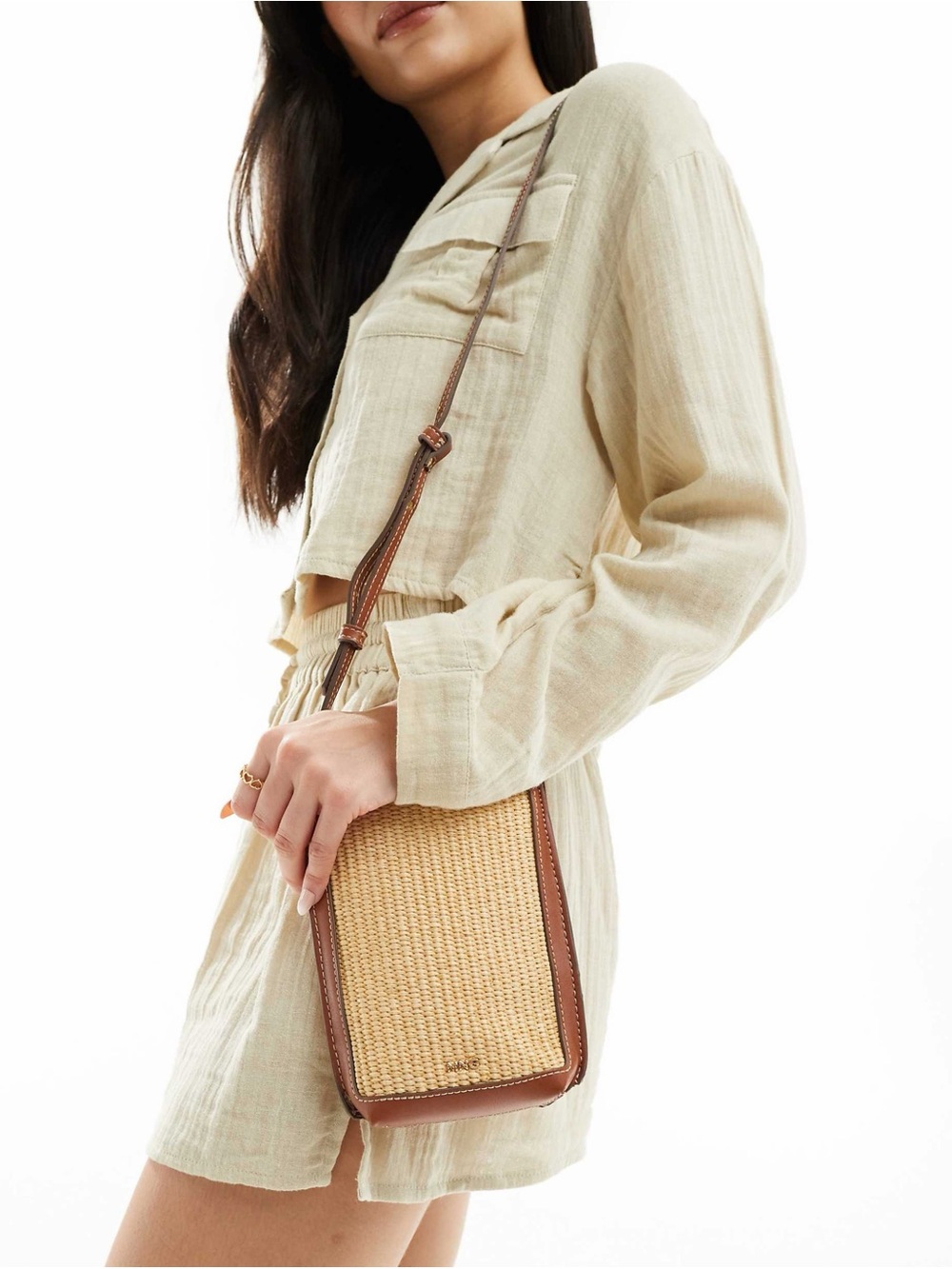MANGO MNG Woven Raffia Phone Crossbody Bag Cognac Brown
